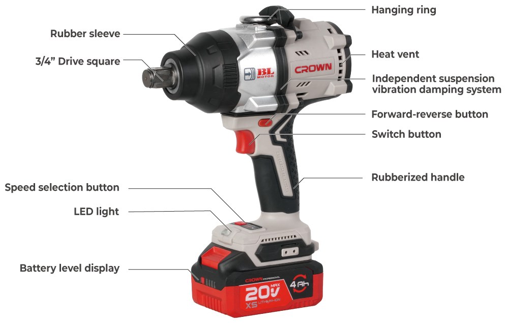 Акумуляторний ударний гайковерт CROWN CT22056XS-4C2 BMC