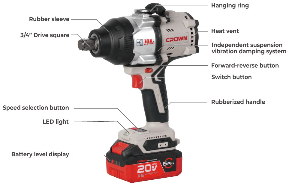 Акумуляторний ударний гайковерт CROWN CT22056XS