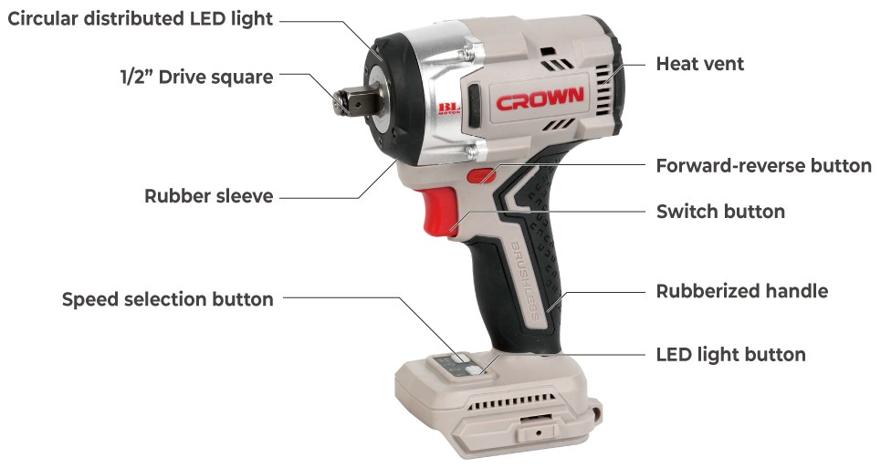 Акумуляторний безщітковий ударний гайковерт CROWN CT22062XS, 20 В, 550 Н·м, без АКБ та ЗП