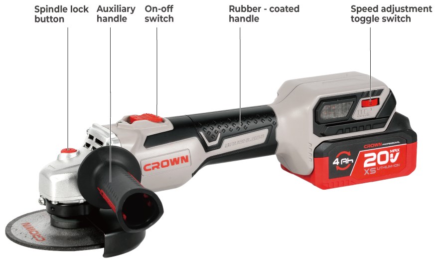 Акумуляторна кутова шліфувальна машина (болгарка) CROWN CT23028-125XS-4 BMC, 20 В, 4.0 А·год, 125 мм