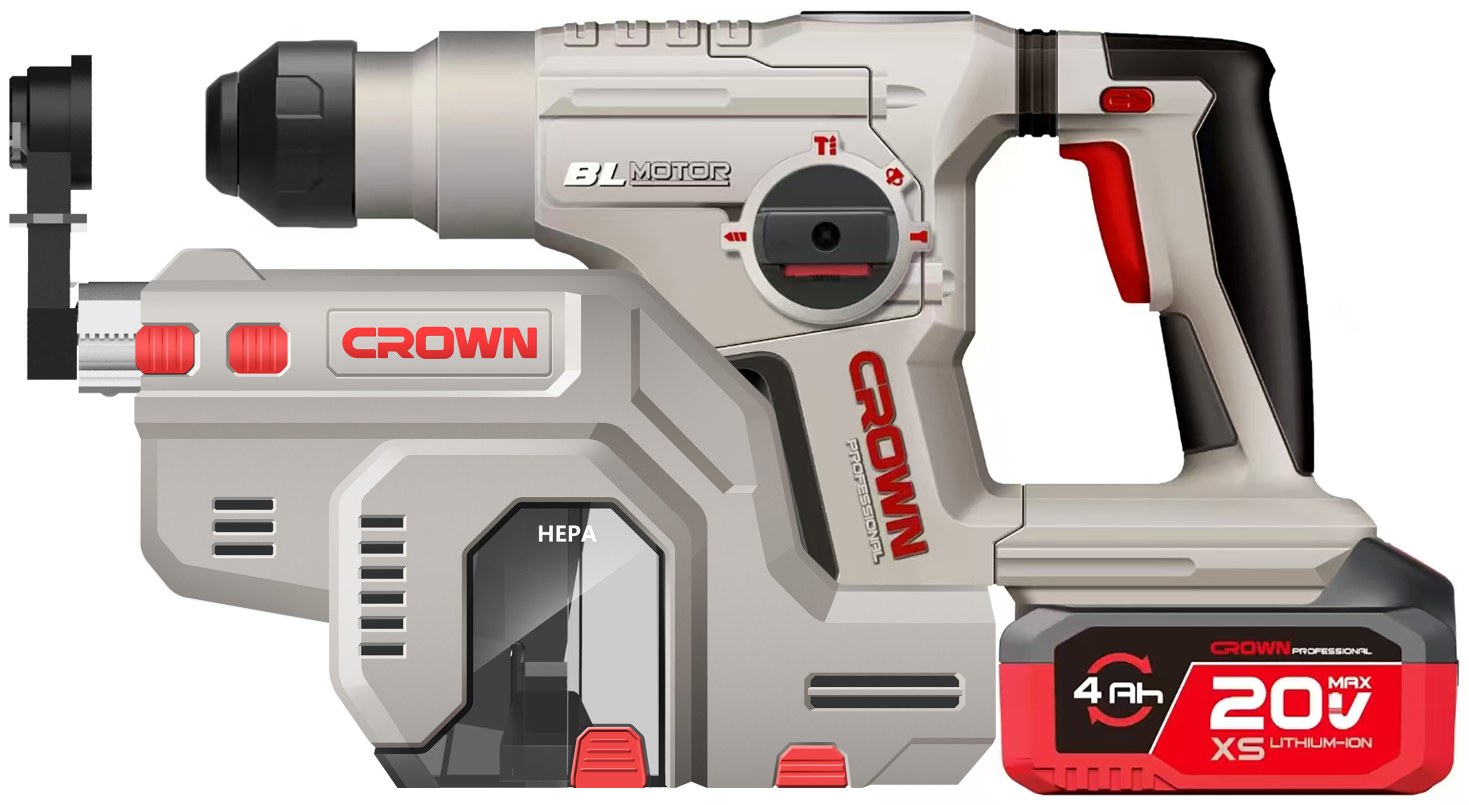 Акумуляторний перфоратор CROWN CT28021XS-4 BMC, 20 В, 4.0 А·год, 28 мм