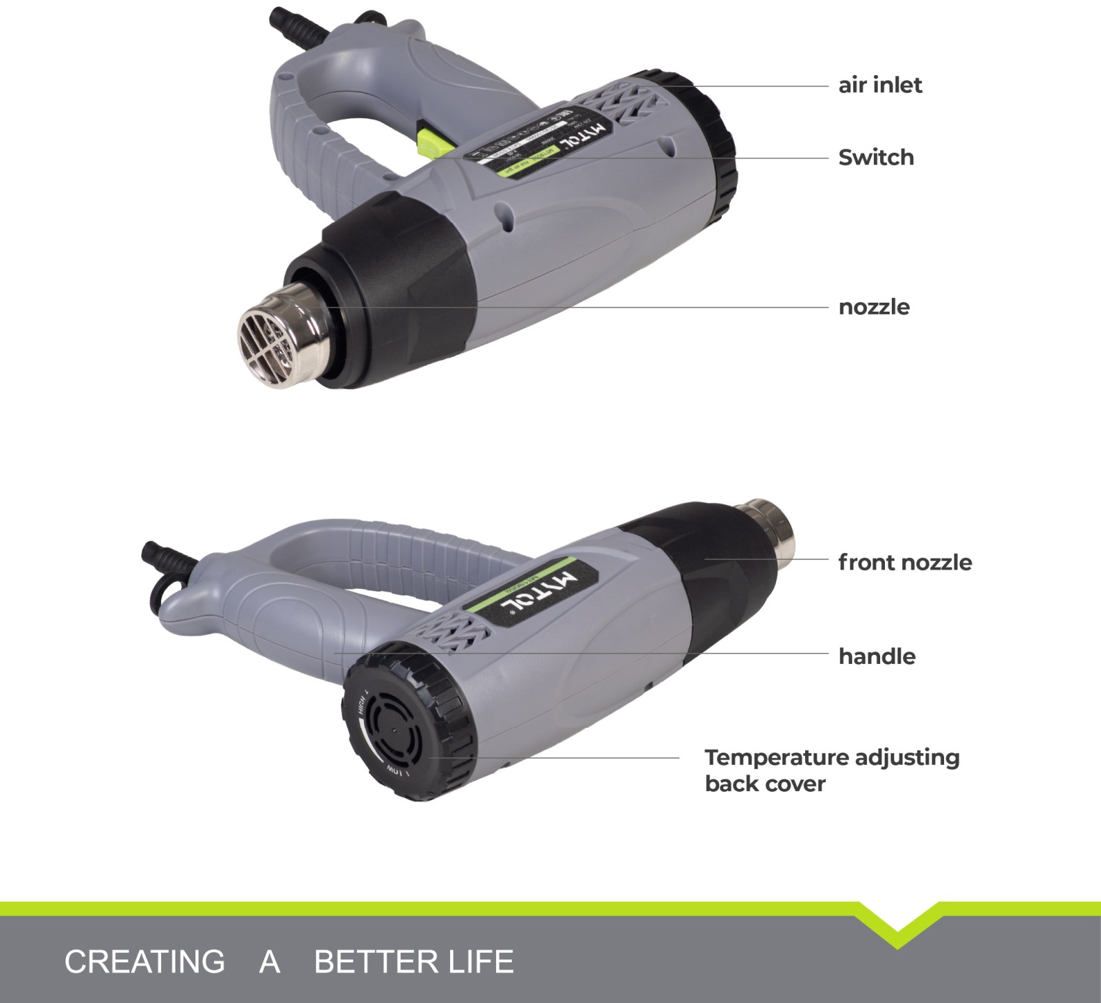 Фен технічний MYTOL MT19052, 2000 Вт, 50-650°C